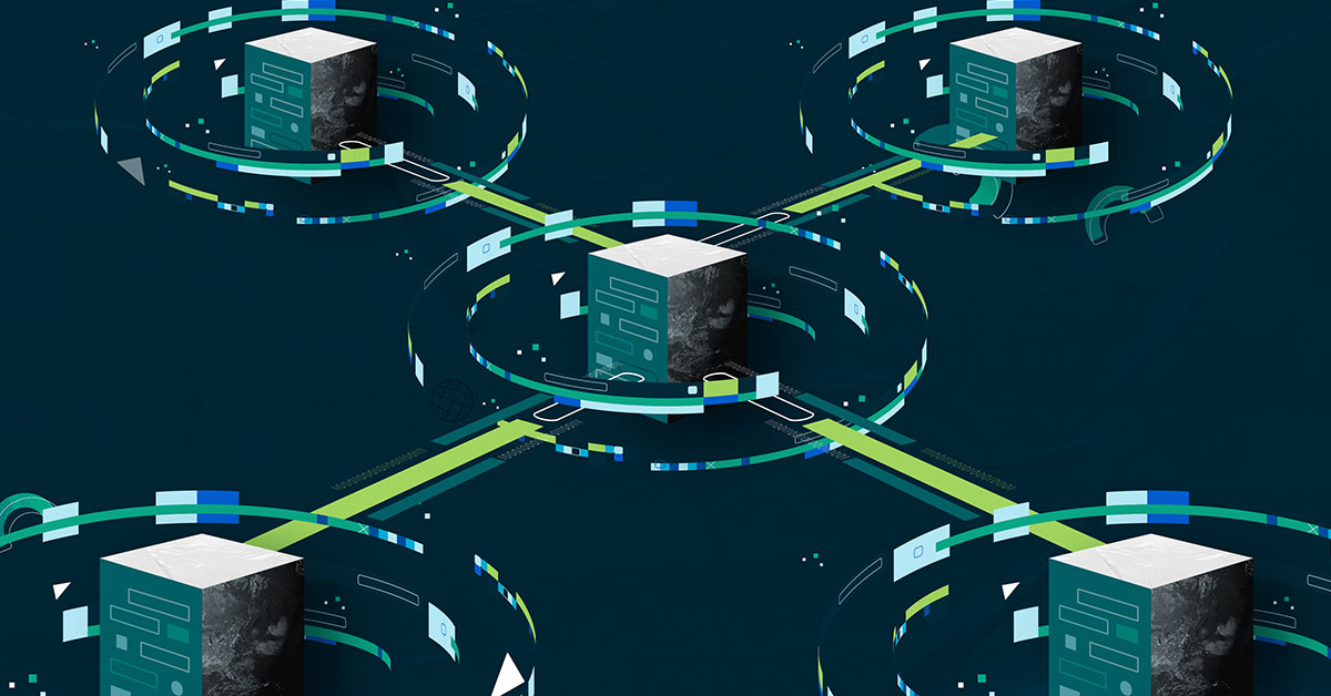 A stylized image representing several computer systems connected