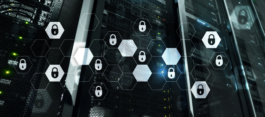 An image of a data center rack with padlock graphics overlayed
