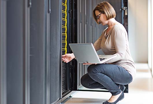 Engineer Fixing Server, Holding Laptop