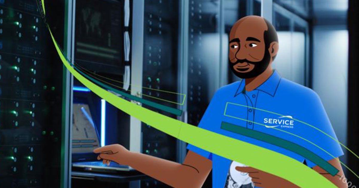 A cartoon image of a Service Express engineer in a data center with quality part in hand