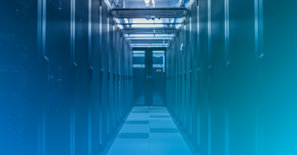 hypercoverged infrastructure image. Data center hallway with blue gradient