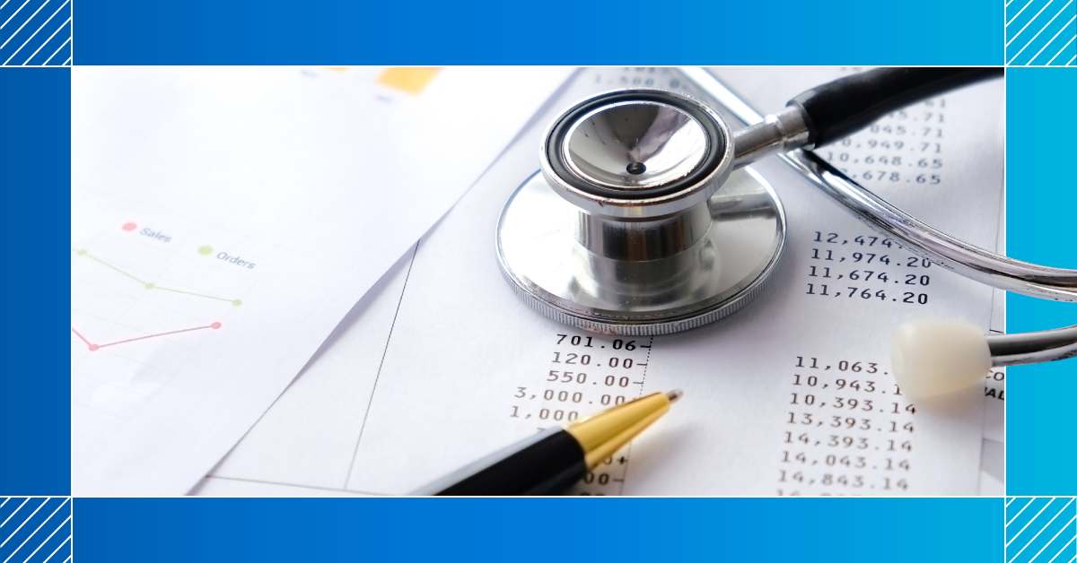 Stethoscope on top of medical files with a blue border surrounding the image